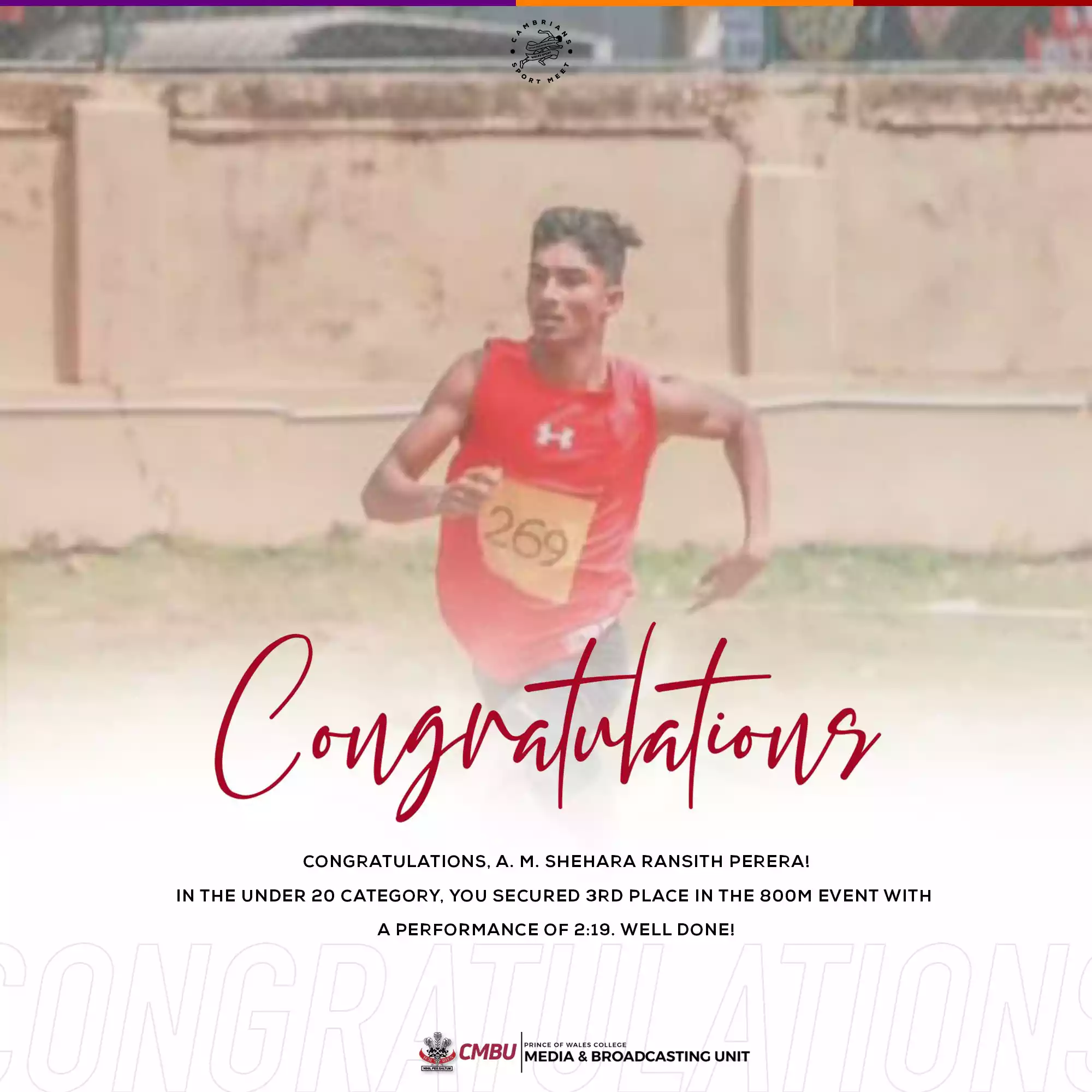 A. M. Shehara Ransith Perera Secures 3rd Place in Under 20 800m Event