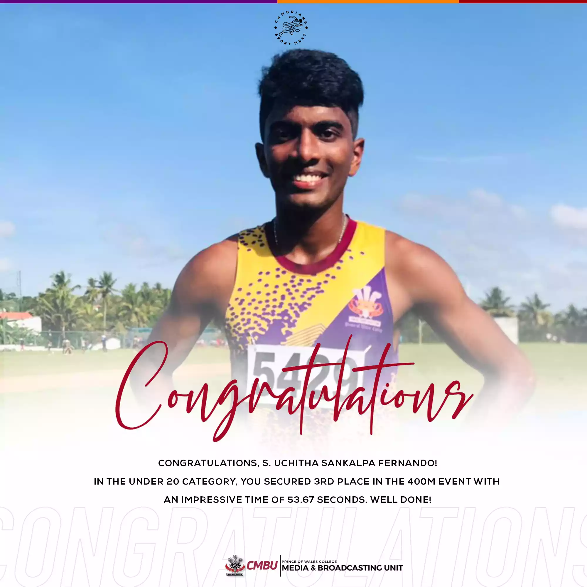 S. Uchitha Sankalpa Fernando Secures 3rd Place in Under 20 400m Event